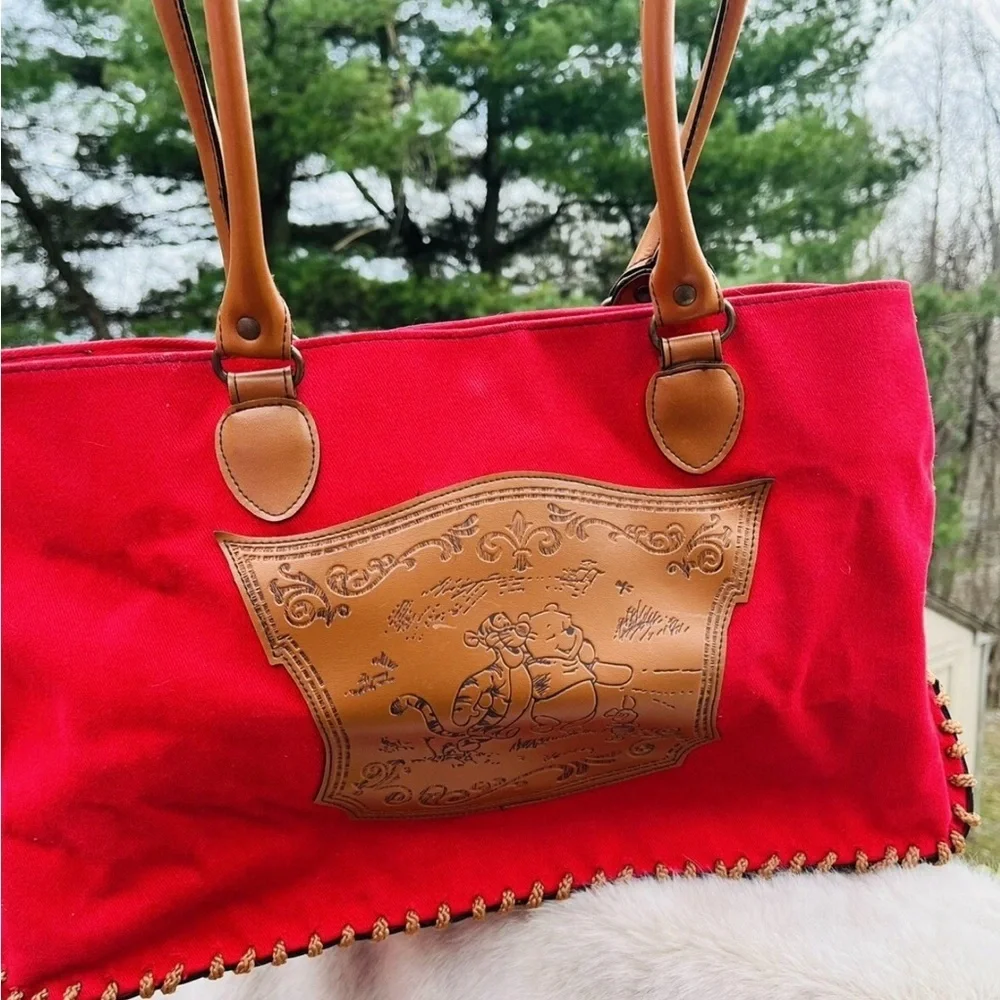 Winnie the Pooh Red Canvas Tote Bag Faux Leather Trim Large Purse